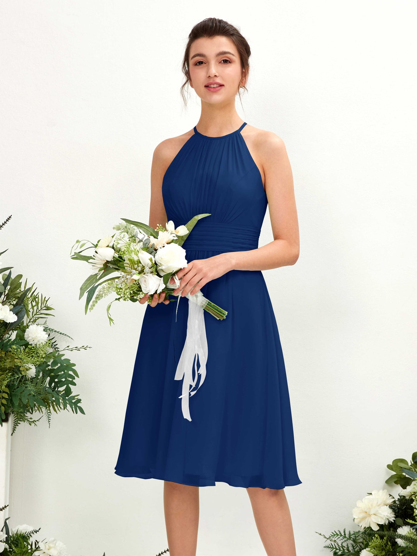 Royal Blue Bridesmaid Dresses Bridesmaid Dress A-line Chiffon Halter Knee Length Sleeveless Wedding Party Dress (81220137)#color_royal-blue