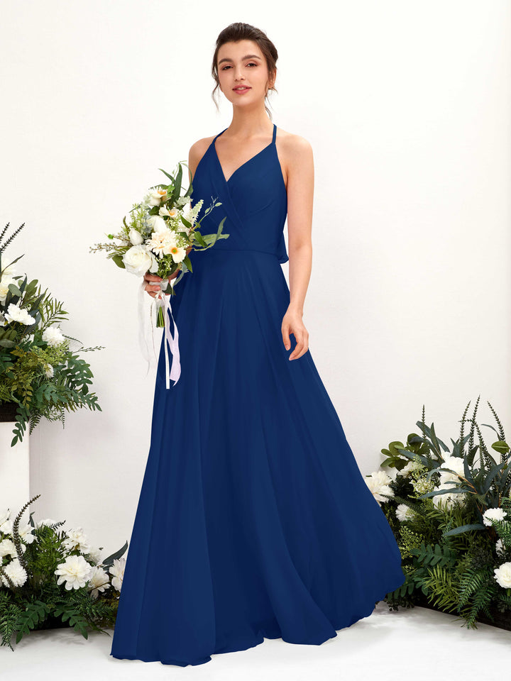 Halter V-neck Sleeveless Chiffon Bridesmaid Dress - Royal Blue (81221037)