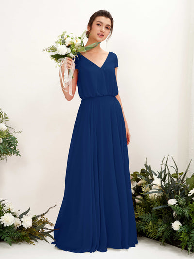 Carlyna Pauline A-Line Royal Blue Bridesmaid Dress Maxi Cap Sleeve V-Neck Dress Front View #color_royal-blue