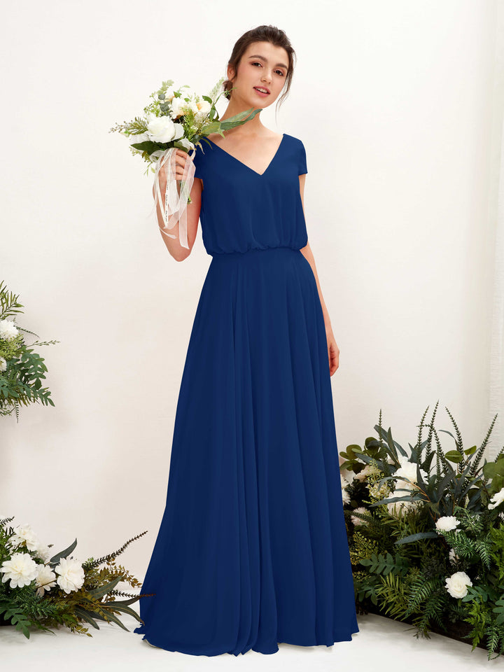 Royal Blue Bridesmaid Dresses Bridesmaid Dress A-line Chiffon V-neck Full Length Short Sleeves Wedding Party Dress (81221837)