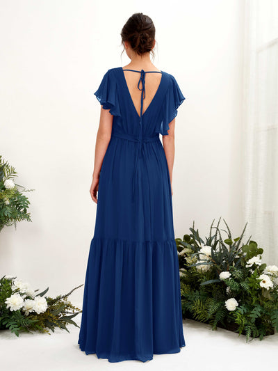 Carlyna Chaya A-Line Royal Blue Bridesmaid Dress Maxi Cap Sleeve V-Neck Dress Back View #color_royal-blue