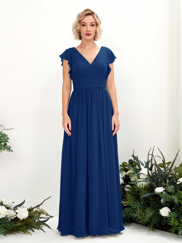 Royal Blue Bridesmaid Dresses Bridesmaid Dress A-line Chiffon V-neck Full Length Short Sleeves Wedding Party Dress (81222737)