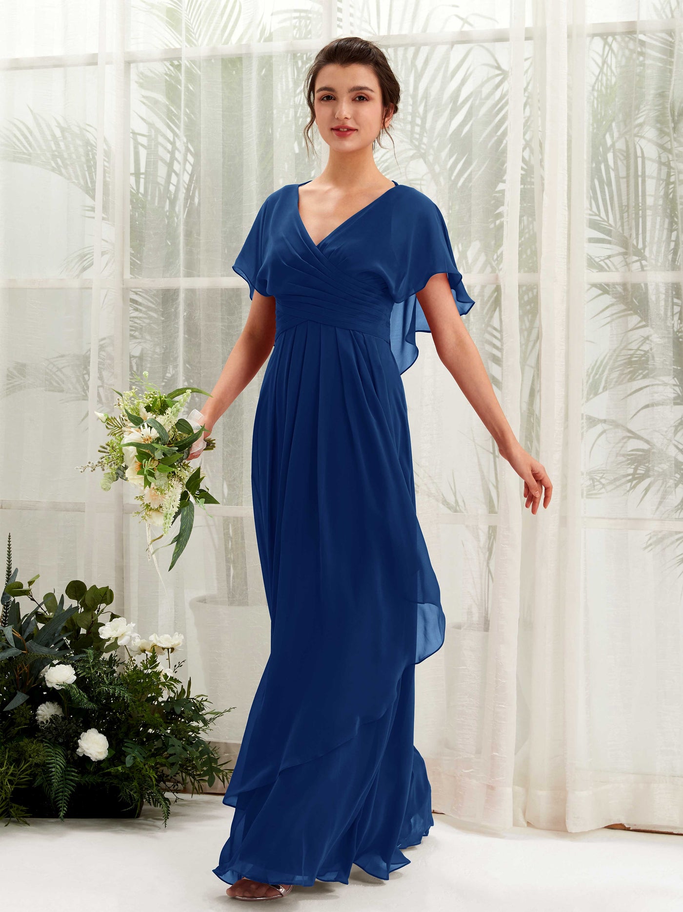 Open back V-neck Short Sleeves Chiffon Bridesmaid Dress - Royal Blue (81226137)#color_royal-blue