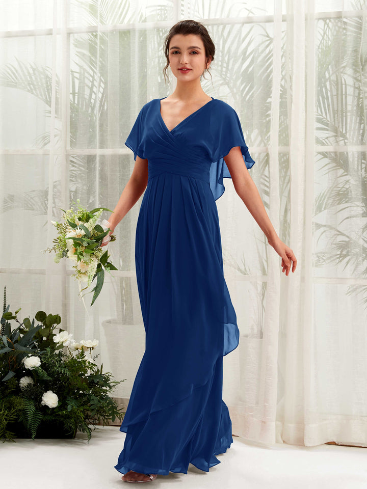 Open back V-neck Short Sleeves Chiffon Bridesmaid Dress - Royal Blue (81226137)