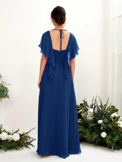 Carlyna Darlene A-Line Royal Blue Bridesmaid Dress Maxi Short Sleeve V-Neck Dress Back View #color_royal-blue