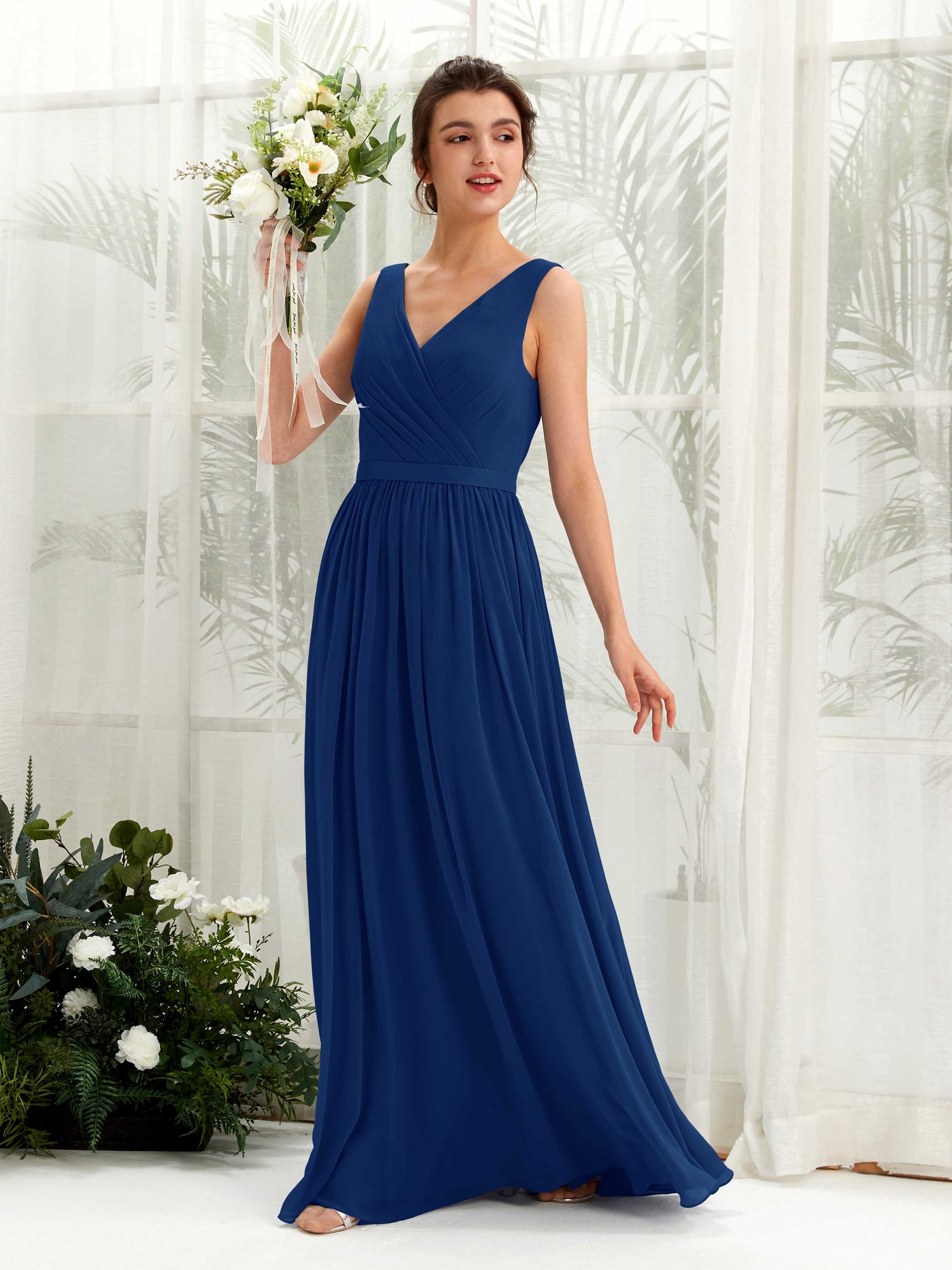 Royal Blue Bridesmaid Dresses Bridesmaid Dress A-line Chiffon V-neck Full Length Sleeveless Wedding Party Dress (81223637)#color_royal-blue