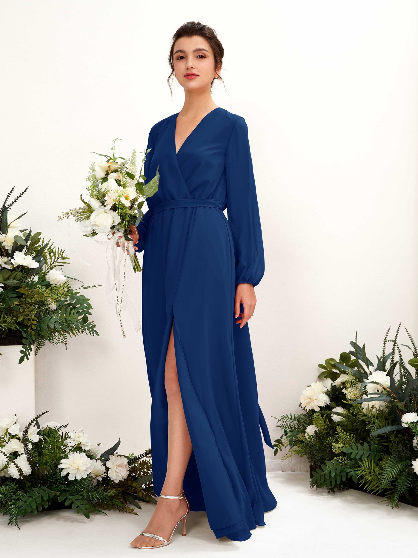 Royal Blue Bridesmaid Dresses Bridesmaid Dress A-line Chiffon V-neck Full Length Long Sleeves Wedding Party Dress (81223237)#color_royal-blue