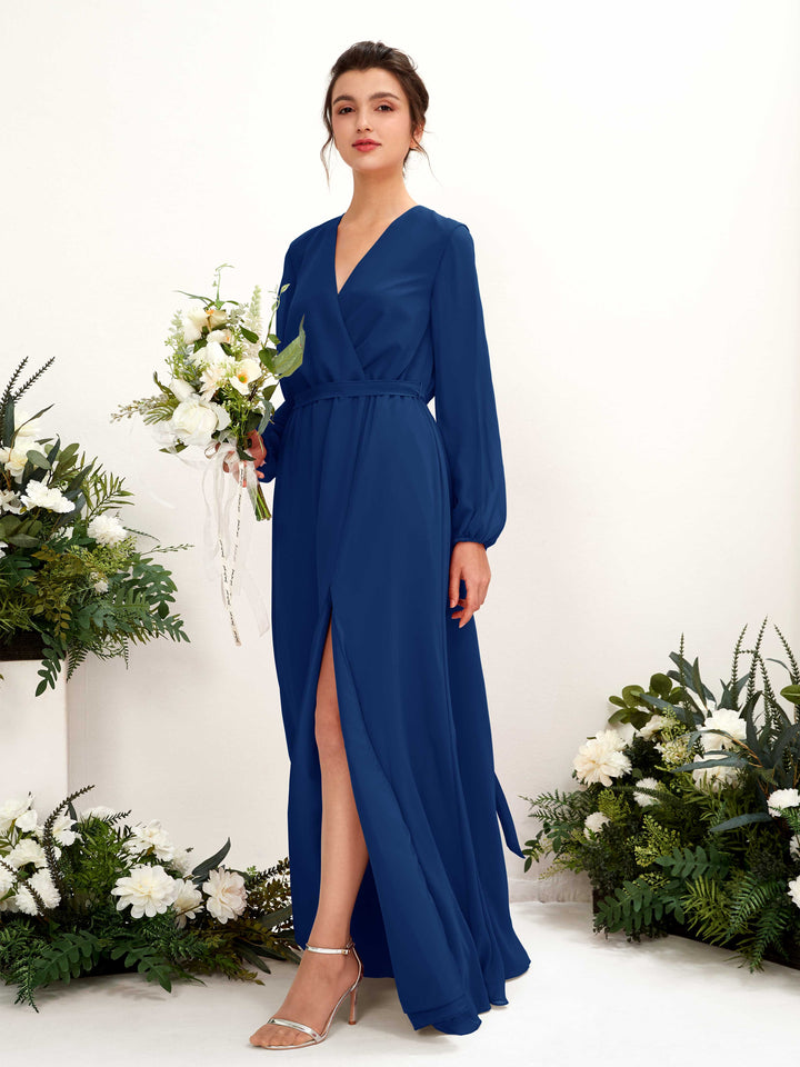 Royal Blue Bridesmaid Dresses Bridesmaid Dress A-line Chiffon V-neck Full Length Long Sleeves Wedding Party Dress (81223237)