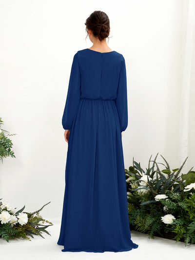 Carlyna Ginny A-Line Royal Blue Bridesmaid Dress Maxi Long Sleeve V-Neck Back View #color_royal-blue