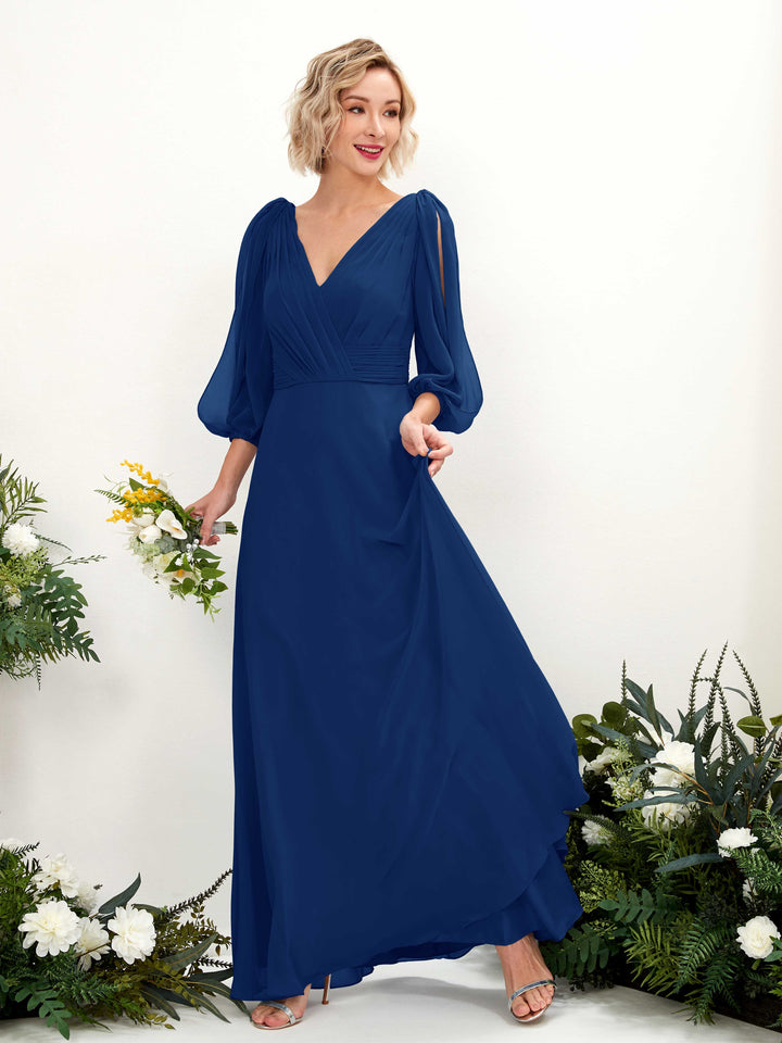 Royal Blue Bridesmaid Dresses Bridesmaid Dress Chiffon V-neck Full Length Long Sleeves Wedding Party Dress (81223537)