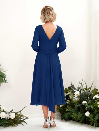 Carlyna Joanna A-Line Royal Blue Bridesmaid Dress Midi Long Sleeve V-Neck Back View #color_royal-blue