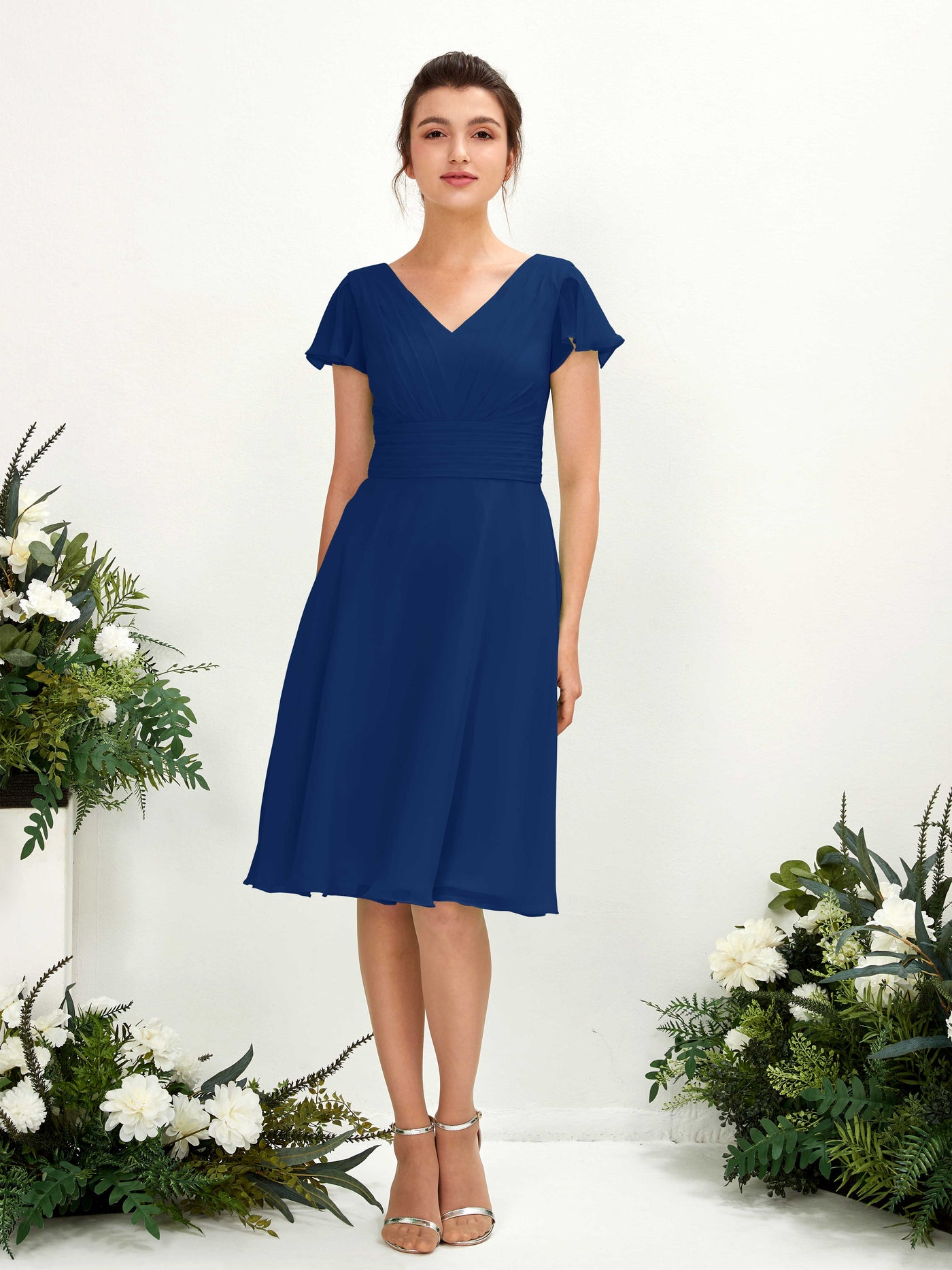 Navy Chiffon Bridesmaid Dress A-Line Knee-Length Flutter Sleeve V-Neck | Carlyna Navy Chiffon Bridesmaid Dress A-Line Knee-Length Flutter Sleeve V-Neck | Carlyna