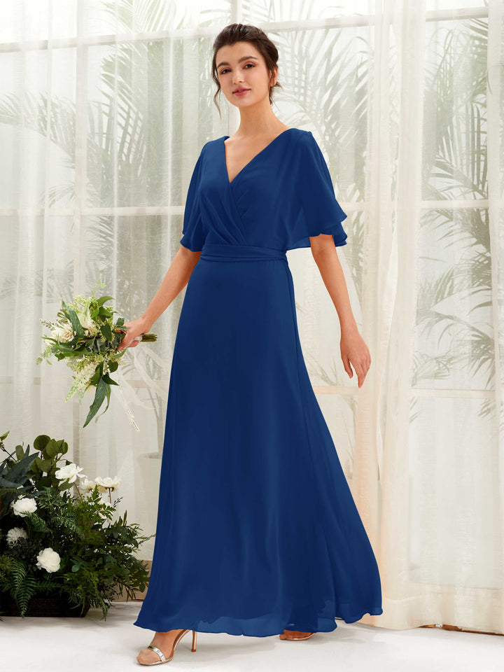 Royal Blue Bridesmaid Dresses Bridesmaid Dress A-line Chiffon V-neck Full Length Short Sleeves Wedding Party Dress (81222437)