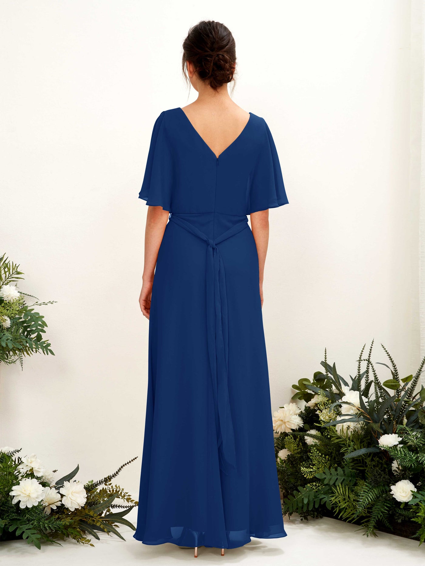 Royal Blue Bridesmaid Dresses Bridesmaid Dress A-line Chiffon V-neck Full Length Short Sleeves Wedding Party Dress (81222437)#color_royal-blue