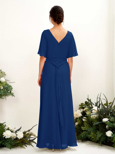 Carlyna Merta A-Line Royal Blue Bridesmaid Dress Maxi Short Sleeve V-Neck Dress Back View #color_royal-blue