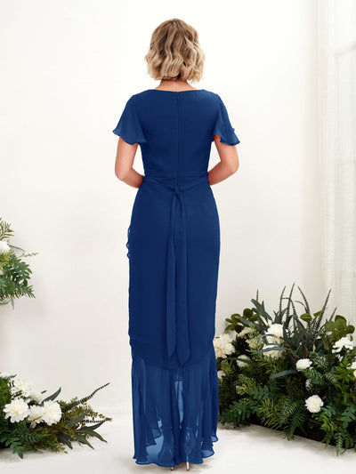 Carlyna Eartha Mermaid Royal Blue Bridesmaid Dress Maxi Cap Sleeve V-Neck Dress Back View #color_royal-blue