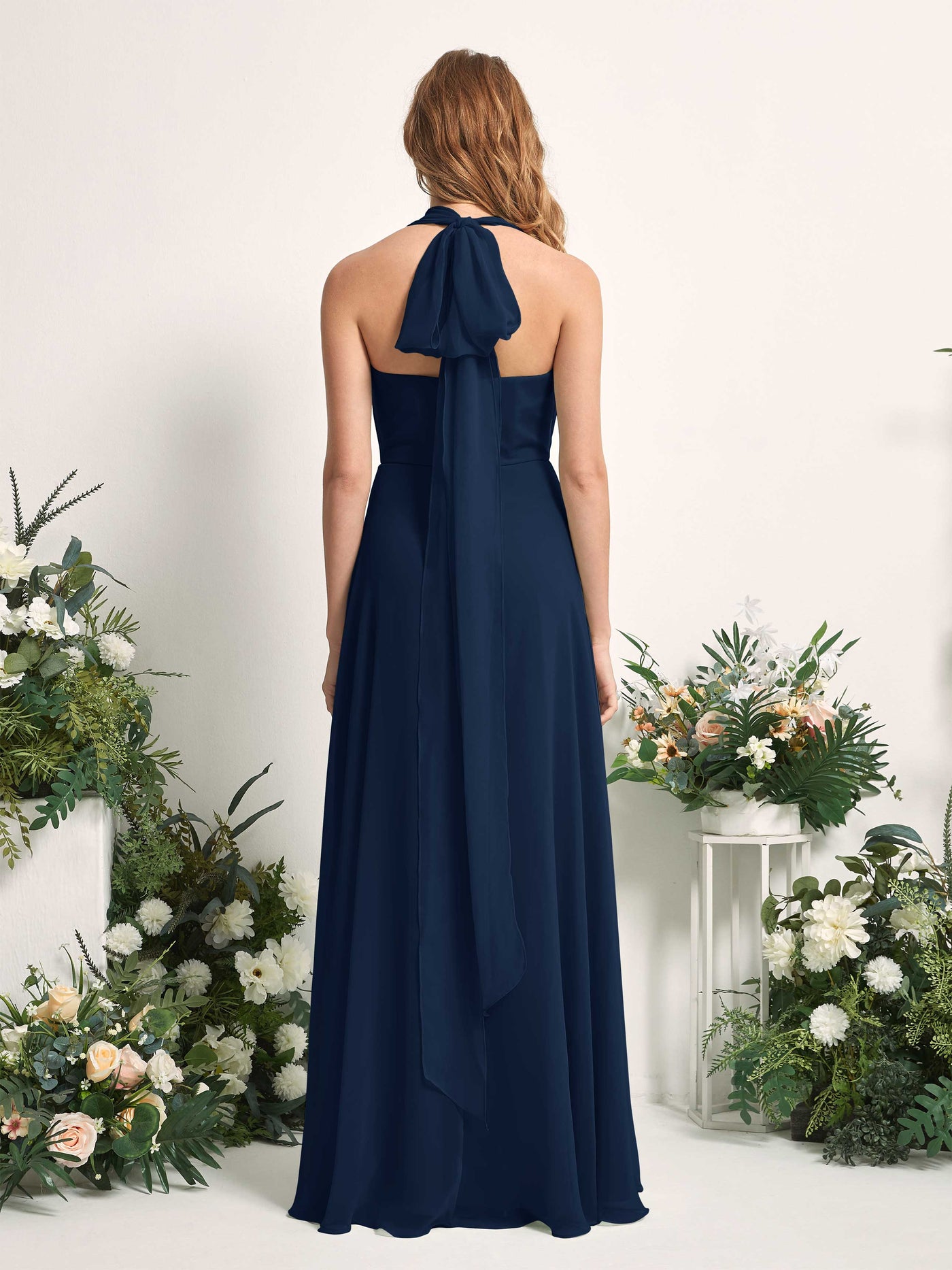 Navy Bridesmaid Dresses Bridesmaid Dress A-line Chiffon Halter Full Length Short Sleeves Wedding Party Dress (81226313)#color_navy