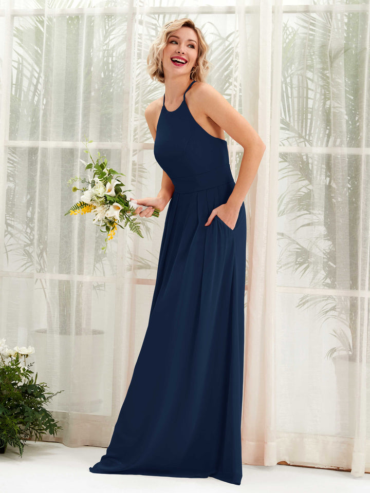 Navy Bridesmaid Dresses Bridesmaid Dress A-line Chiffon Halter Full Length Sleeveless Wedding Party Dress (81225213)