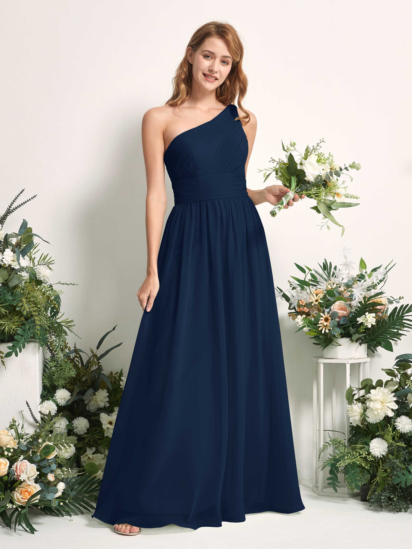 Bridesmaid Dress A-line Chiffon One Shoulder Full Length Sleeveless Wedding Party Dress - Navy (81226713)#color_navy