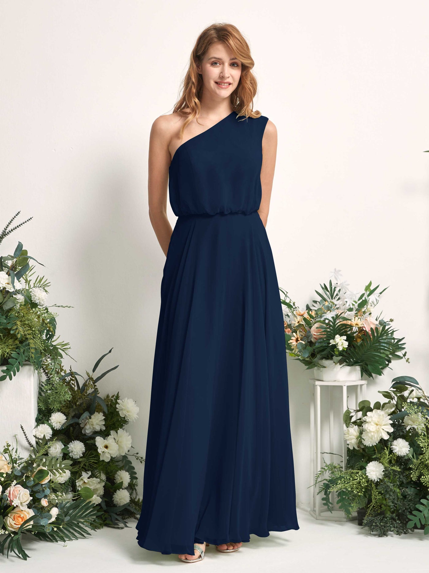 Bridesmaid Dress A-line Chiffon One Shoulder Full Length Sleeveless Wedding Party Dress - Navy (81226813)#color_navy