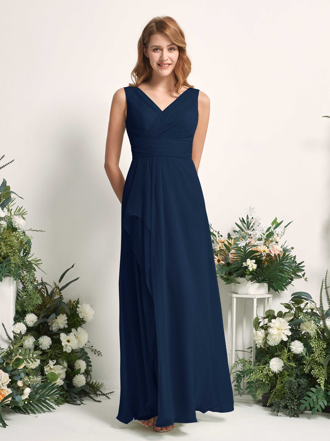 Bridesmaid Dress A-line Chiffon V-neck Full Length Sleeveless Wedding Party Dress - Navy (81227113)#color_navy