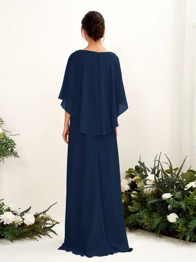 Carlyna Savin Sheath Navy Bridesmaid Dress Maxi Cap Sleeve Boat Neck Dress Back View #color_navy