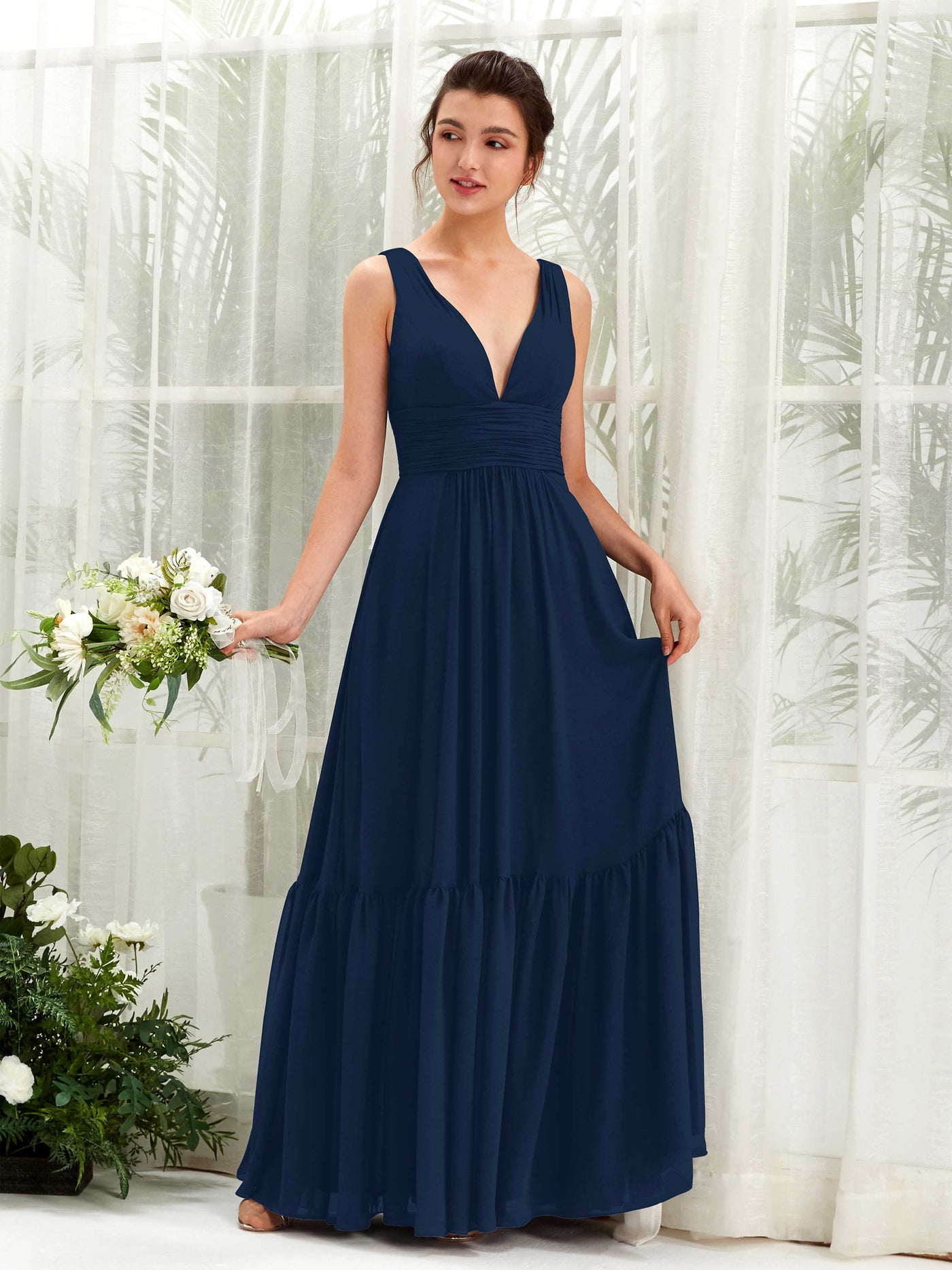 Dark Navy Chiffon Bridesmaid Dress A-Line Maxi V-Neck | Carlyna Dark Navy Chiffon Bridesmaid Dress A-Line Maxi V-Neck | Carlyna
