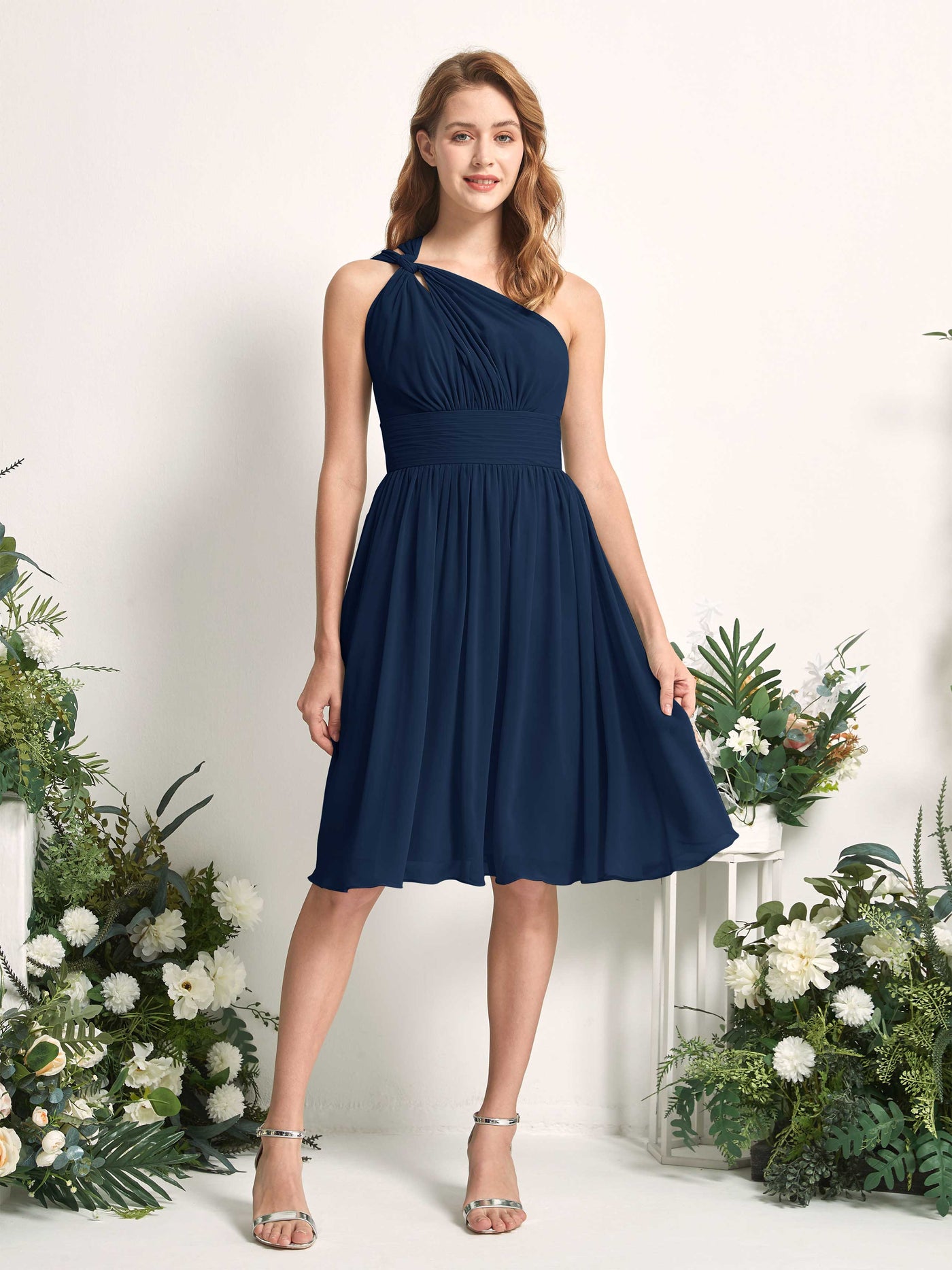 Bridesmaid Dress A-line Chiffon One Shoulder Knee Length Sleeveless Wedding Party Dress - Navy (81221213)#color_navy