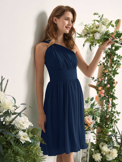 Carlyna Echo A-Line Navy Bridesmaid Dress Knee-Length Sleeveless One Shoulder Dress Side View 2 #color_navy