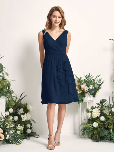 Carlyna Alisha A-Line Navy Bridesmaid Dress Knee-Length Sleeveless V-Neck Dress Front View #color_navy