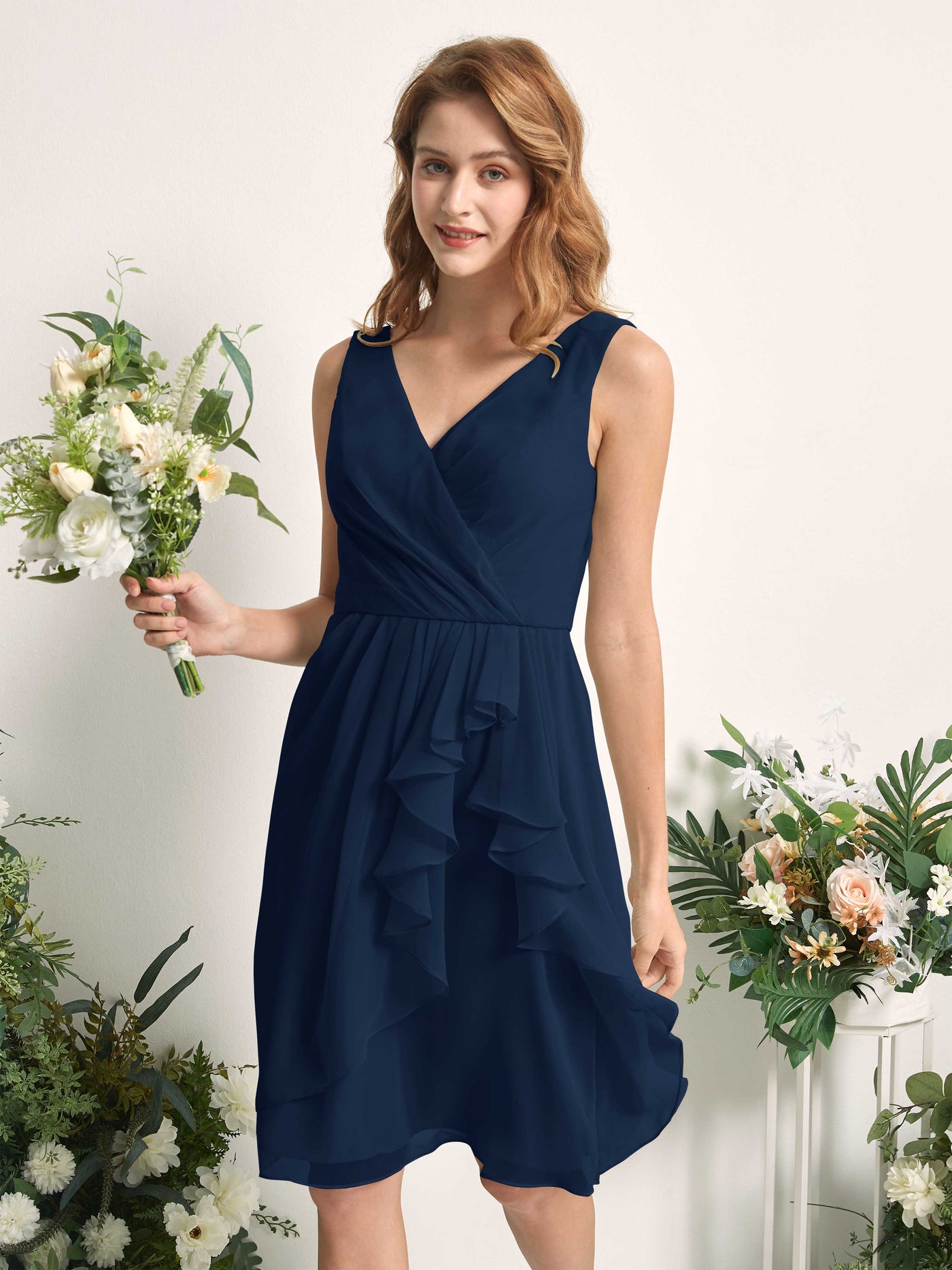 Bridesmaid Dress A-line Chiffon Straps Knee Length Sleeveless Wedding Party Dress - Navy (81226613)#color_navy