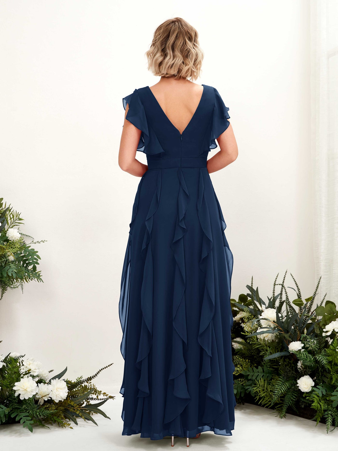 A-line Open back V-neck Short Sleeves Chiffon Bridesmaid Dress - Navy (81226013)#color_navy