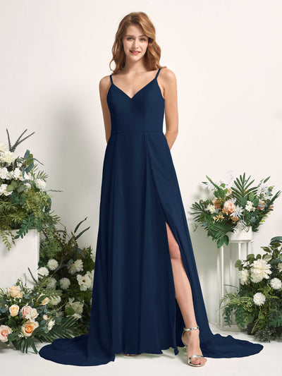 Carlyna Marcia A-Line Navy Bridesmaid Dress Maxi Sleeveless V-Neck Dress Front View #color_navy