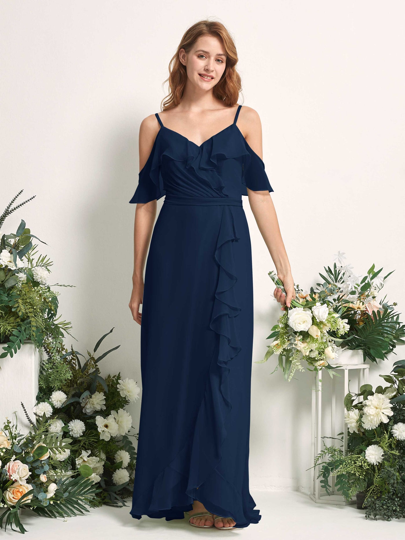 Bridesmaid Dress A-line Chiffon Spaghetti-straps Full Length Sleeveless Wedding Party Dress - Navy (81227413)#color_navy