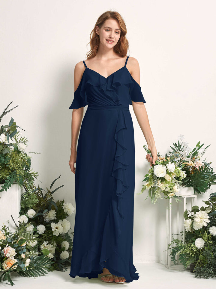 Bridesmaid Dress A-line Chiffon Spaghetti-straps Full Length Sleeveless Wedding Party Dress - Navy (81227413)