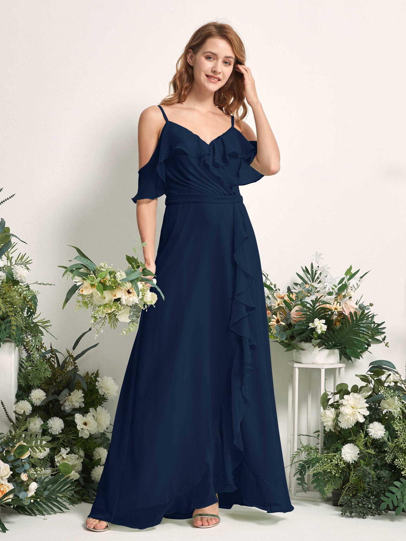 Bridesmaid Dress A-line Chiffon Spaghetti-straps Full Length Sleeveless Wedding Party Dress - Navy (81227413)#color_navy