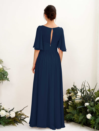Carlyna Odette A-Line Navy Bridesmaid Dress Maxi Short Sleeve V-Neck Dress Back View #color_navy