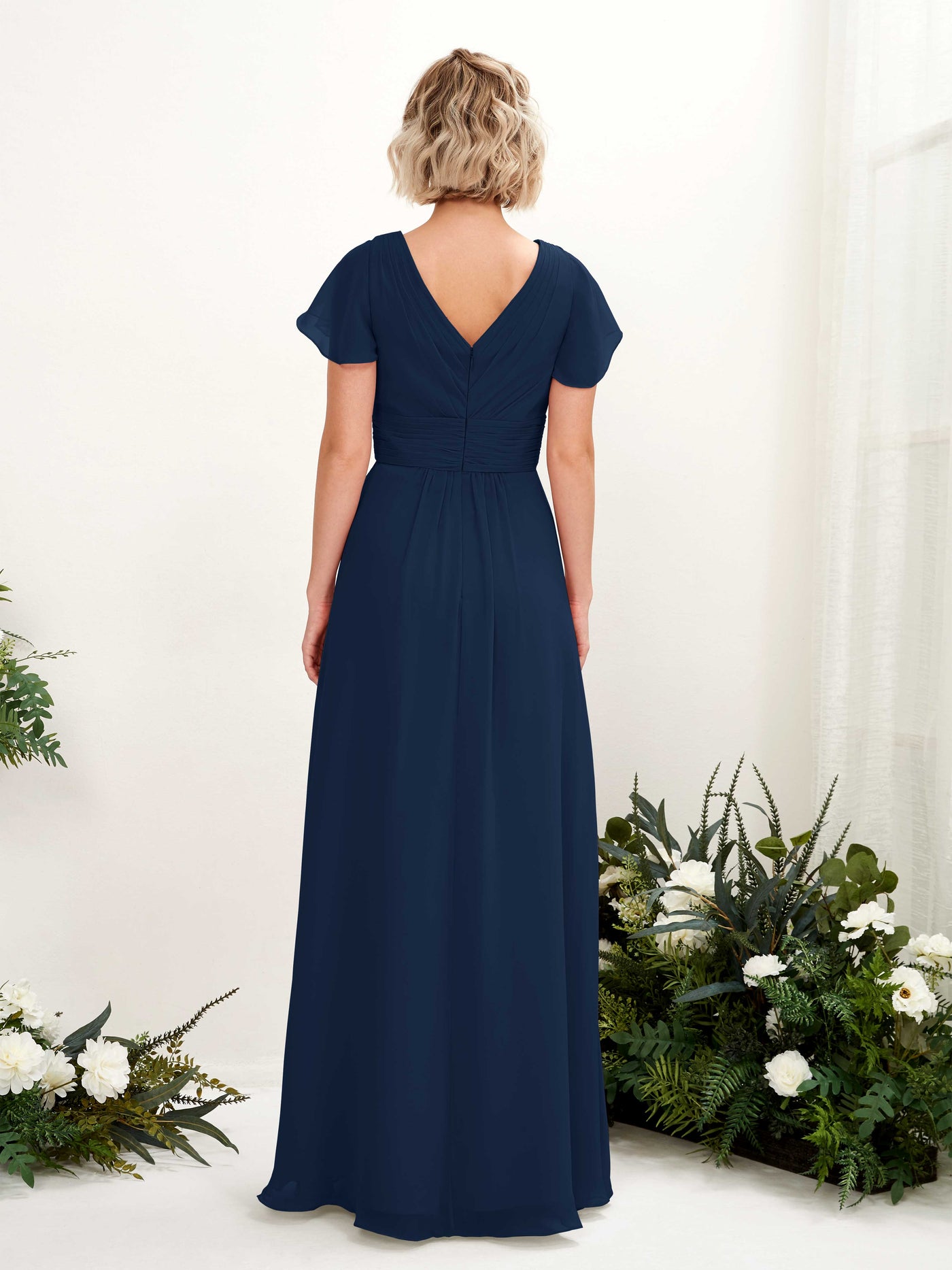 Navy Bridesmaid Dresses Bridesmaid Dress A-line Chiffon V-neck Full Length Short Sleeves Wedding Party Dress (81224313)#color_navy