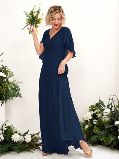 Carlyna Winnie A-Line Navy Bridesmaid Dress Maxi Short Sleeve V-Neck Dress Front View #color_navy