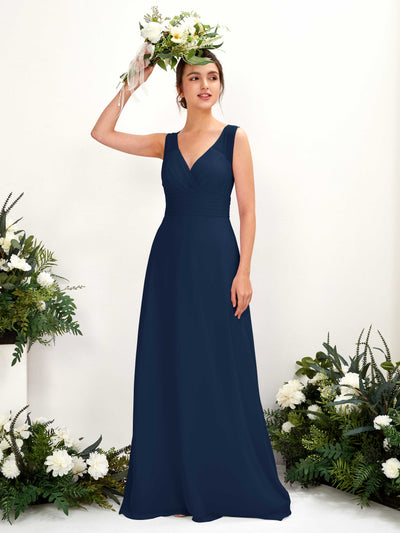 Carlyna Karen A-Line Navy Bridesmaid Dress Maxi Sleeveless V-Neck Dress Front View #color_navy