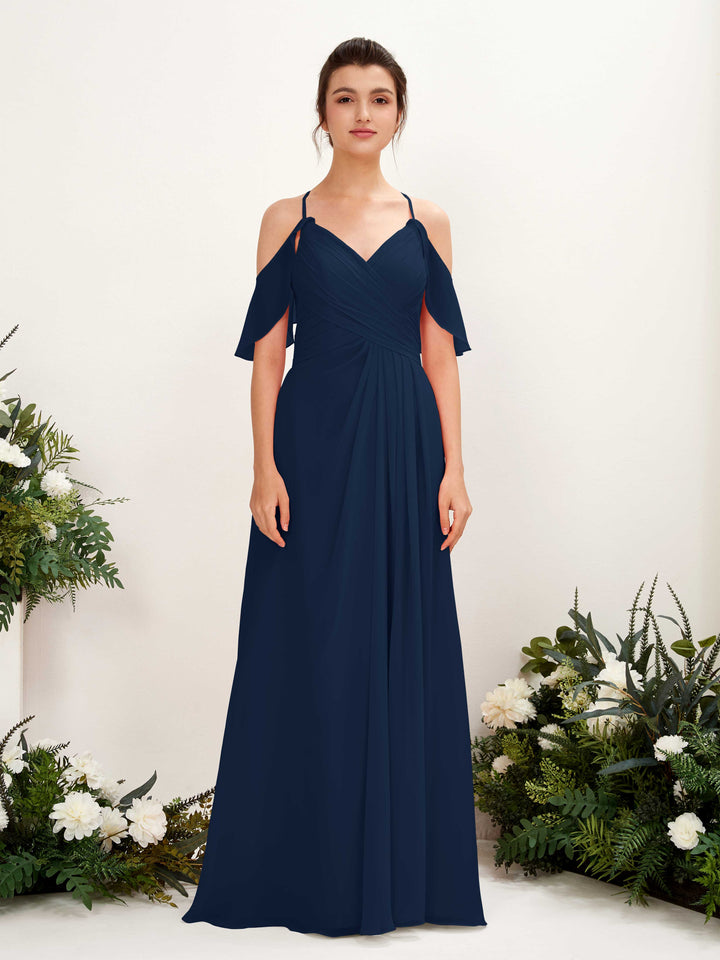 Ball Gown Off Shoulder Spaghetti-straps Chiffon Bridesmaid Dress - Navy (81221713)