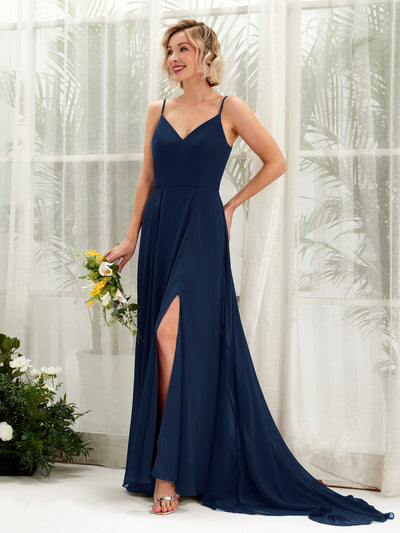 Carlyna Mana A-Line Navy Bridesmaid Dress Maxi Sleeveless V-Neck Dress Front View #color_navy