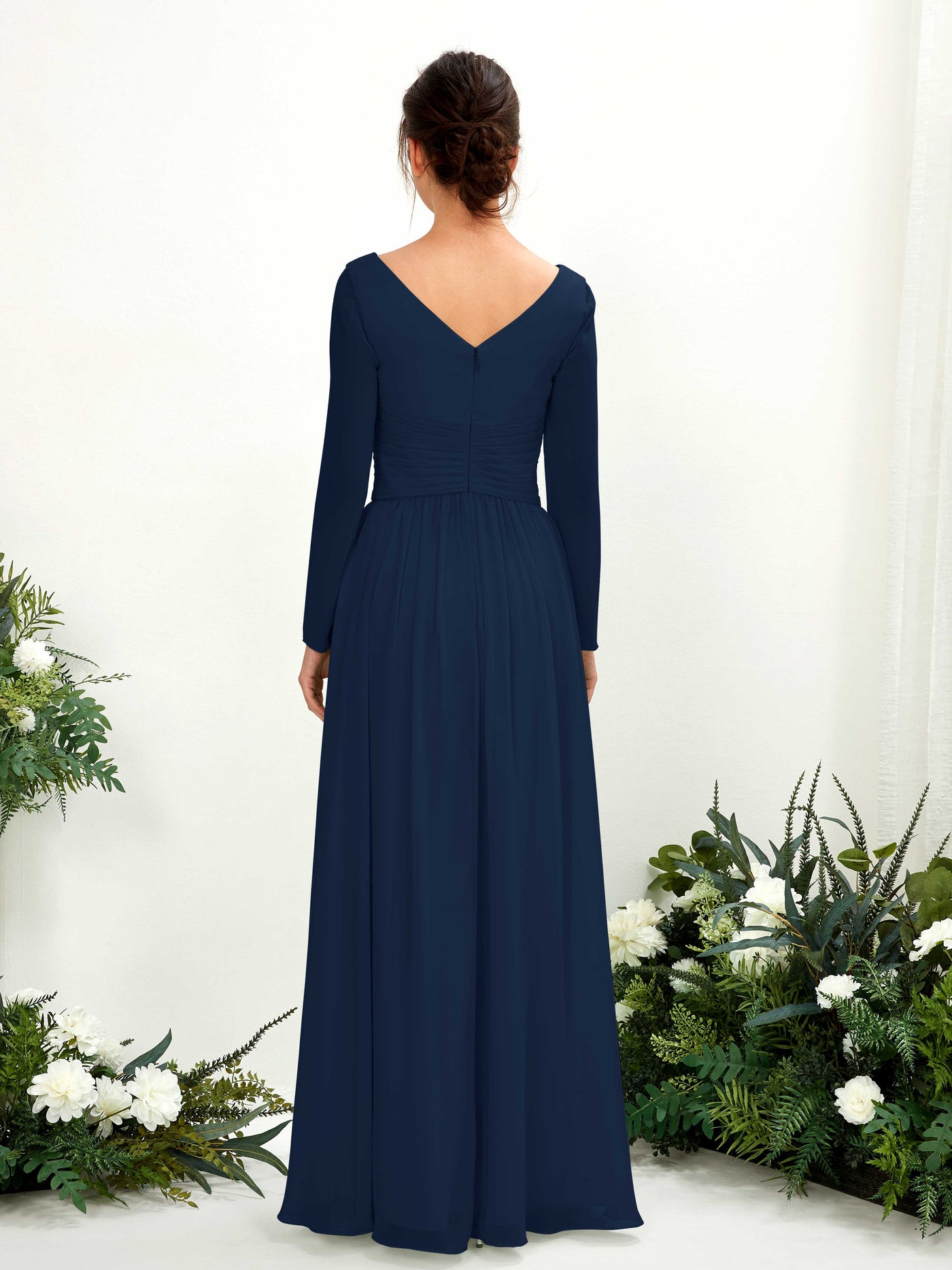 Navy Bridesmaid Dresses Bridesmaid Dress A-line Chiffon V-neck Full Length Long Sleeves Wedding Party Dress (81220313)#color_navy