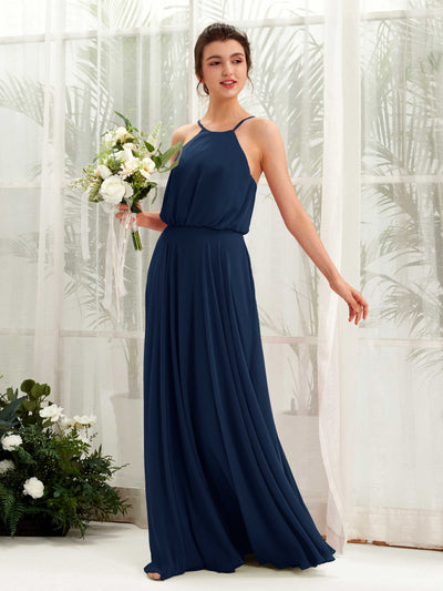 Carlyna Alva A-Line Navy Bridesmaid Dress Maxi Sleeveless Halter Dress Front View #color_navy