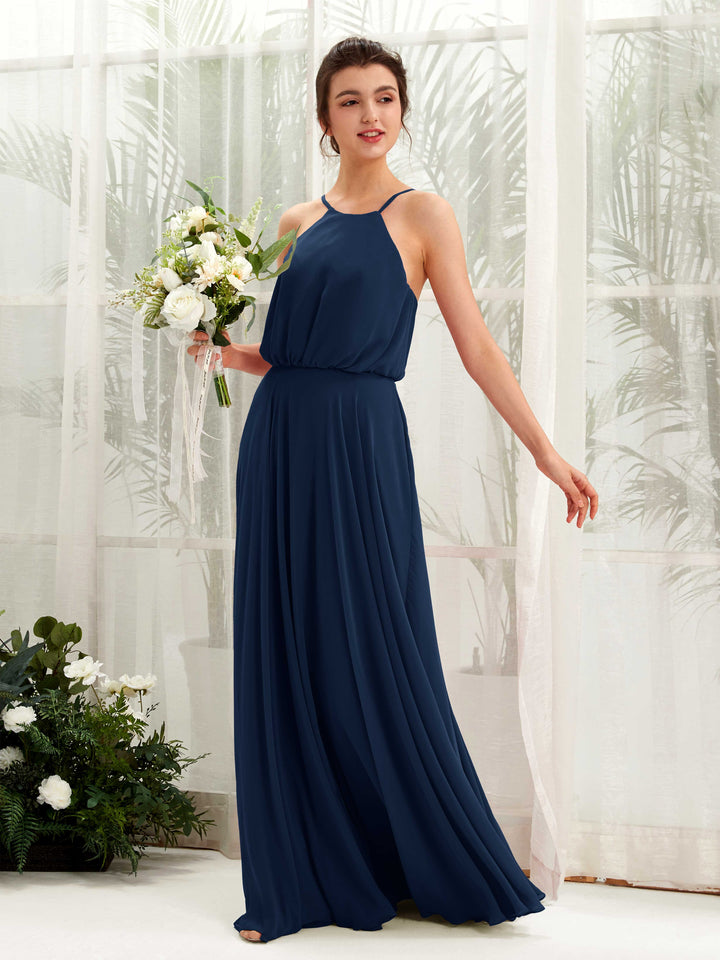 Navy Bridesmaid Dresses Bridesmaid Dress Ball Gown Chiffon Halter Full Length Sleeveless Wedding Party Dress (81223413)