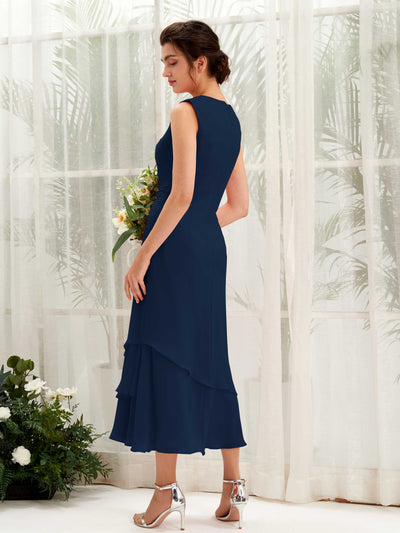 Carlyna Raina Mermaid Navy Bridesmaid Dress Midi Sleeveless Round Neck Dress Back View #color_navy