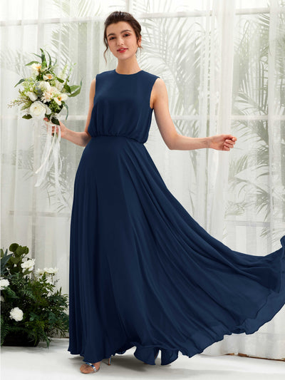 Carlyna Alma A-Line Navy Bridesmaid Dress Maxi Sleeveless Round Neck Dress Front View #color_navy