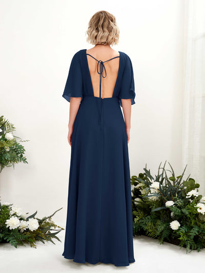 Carlyna Dhea A-Line Navy Bridesmaid Dress Maxi Short Sleeve V-Neck Dress Back View #color_navy