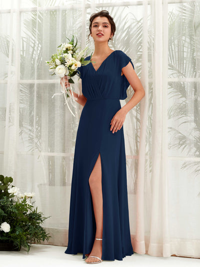 Carlyna Annie A-Line Navy Bridesmaid Dress Maxi Cap Sleeve V-Neck Dress Front View #color_navy