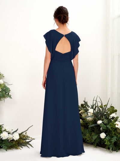 Carlyna Annie A-Line Navy Bridesmaid Dress Maxi Cap Sleeve V-Neck Dress Back View #color_navy